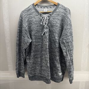 Pink by Victoria's Secret Terry Cloth Sweatshirt Heather Gray Lace Up Large